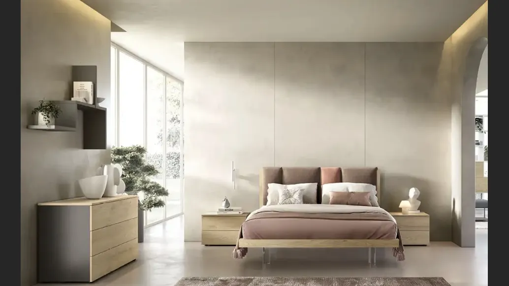 Letto Take I13 in rovere miele con testiera in tessuto imbottito di Moretti Compact Giorno Notte