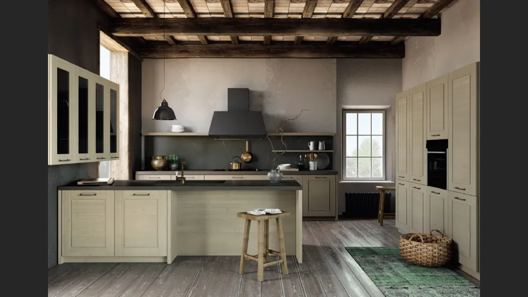 Cucina Moderna con penisola Cottage in legno di abete spazzolato di Fratelli Mirandola