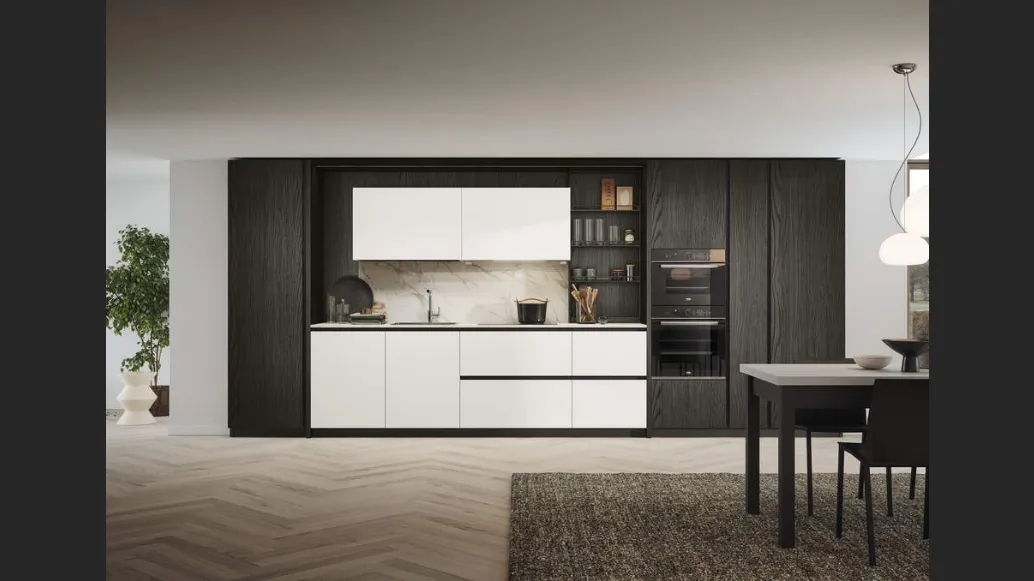 Cucina Moderna lineare Domino Composizione 03 in laminato bianco e melaminico rovere dark di Prima Cucine