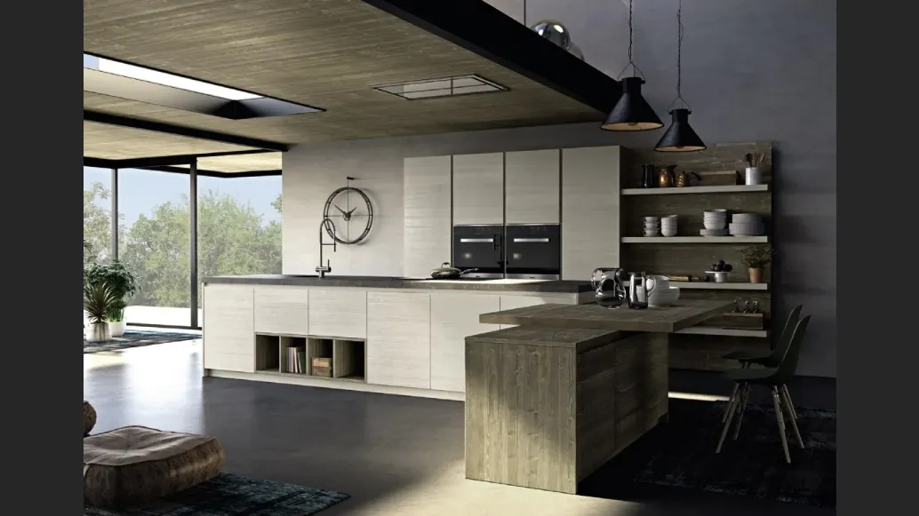 Cucina Moderna in legno di abete grigio con isola Mood 01 di Fratelli Mirandola